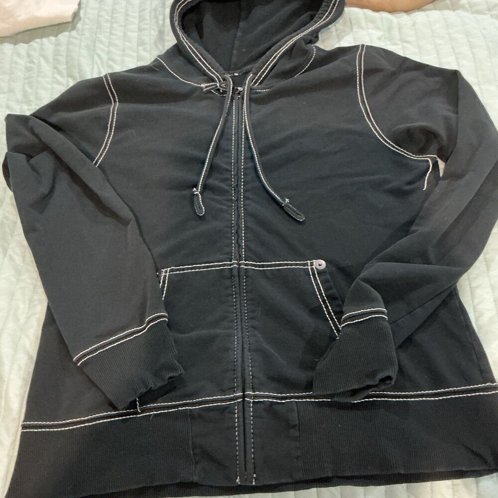 Black Full Zip Hoodie Jacket Contrast Stitch Y2K Skate Goth Emo Women’s Large